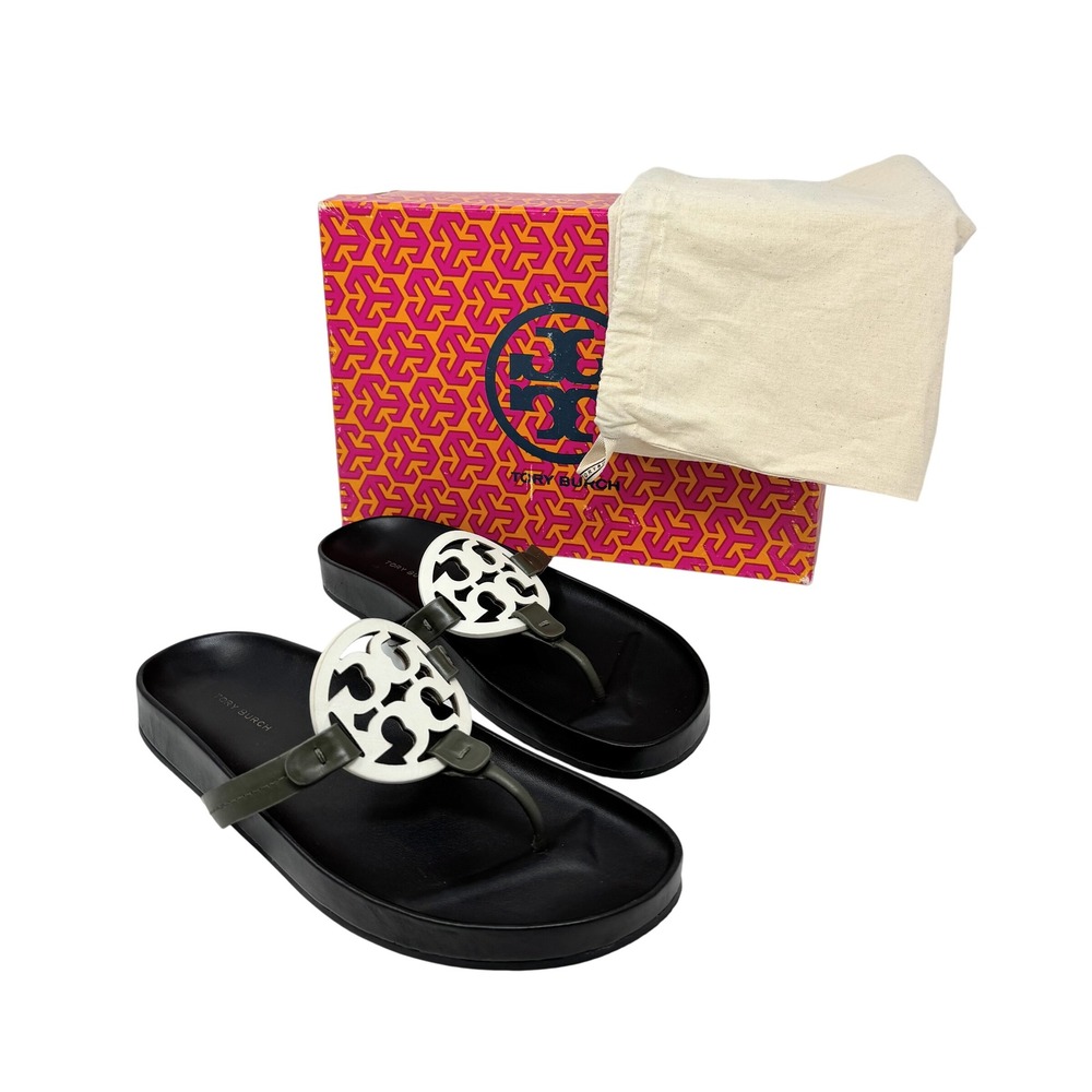 Tory Burch Miller Cloud Leather Thong Sandal Black Green Logo Medallion US 10.‎